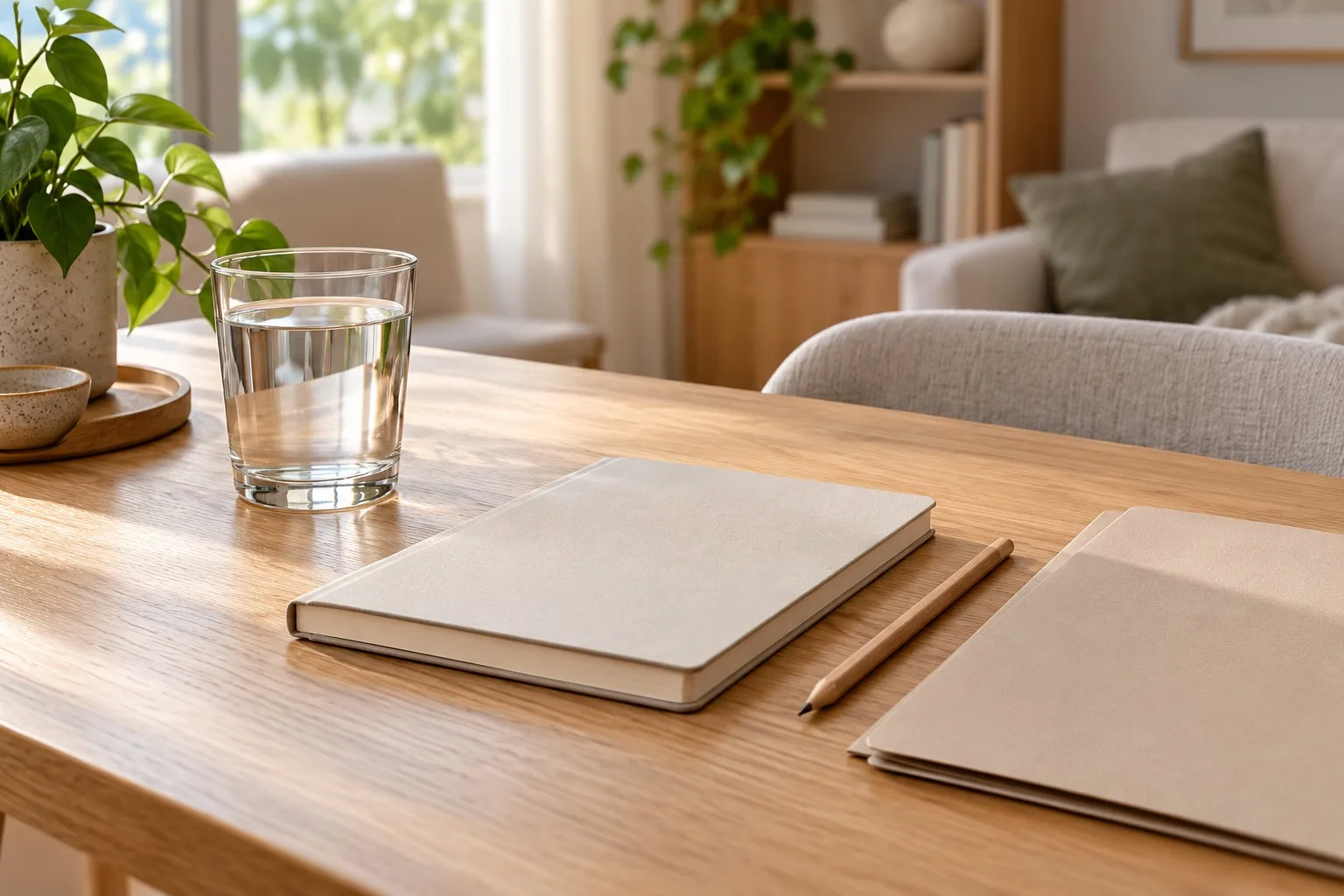 Neutrales Notizbuch, Stift, Unterlagenmappe und Wasserglas auf einem hellen Beratungstisch.
